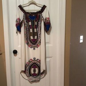 Ashley Stewart off shoulder high low shift dress with split tie sleeves, ivory